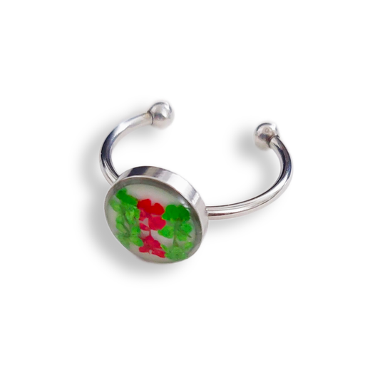 Silver color real red and green flowers ring