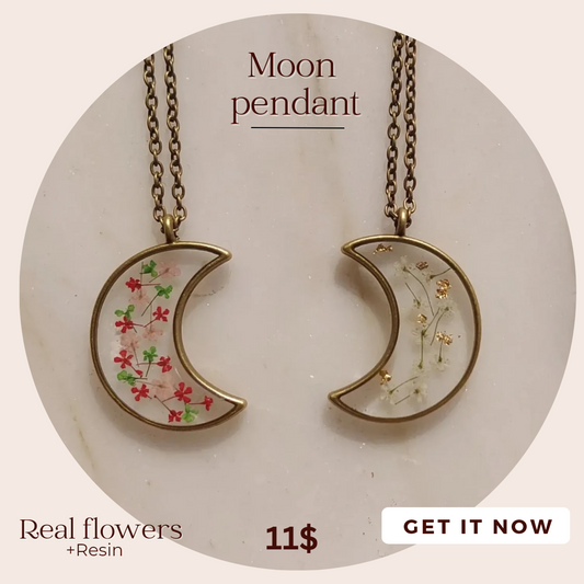 Moon Pendant - Real Dried Flowers