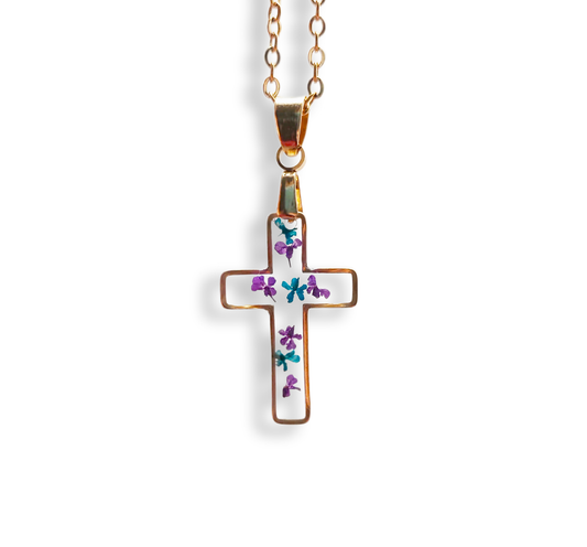 Real Dried Flowers Cross Pendant