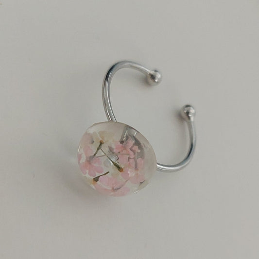 Silver color real pink and white flowers ring