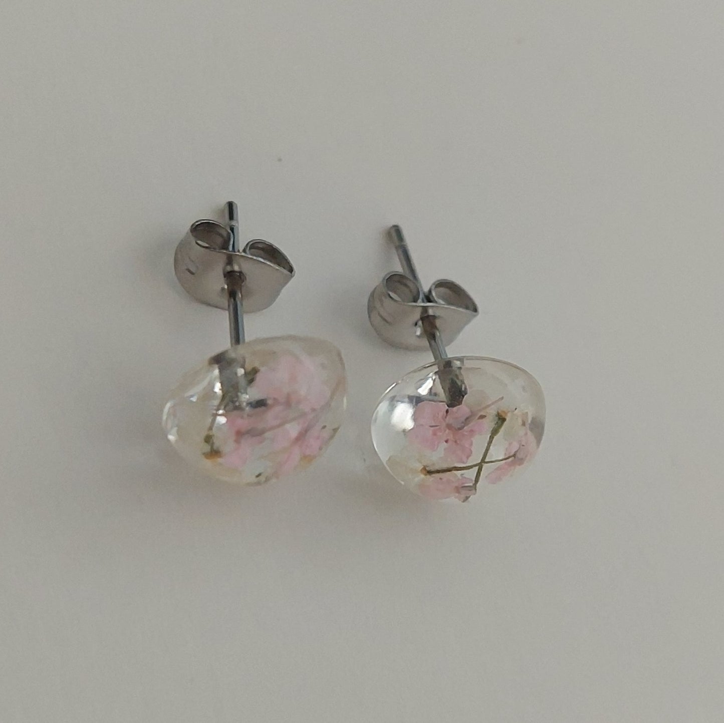 Silver color real pink and white flowers earrings