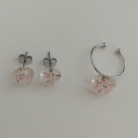 Silver color real pink qnd white flowers ring and earrings set