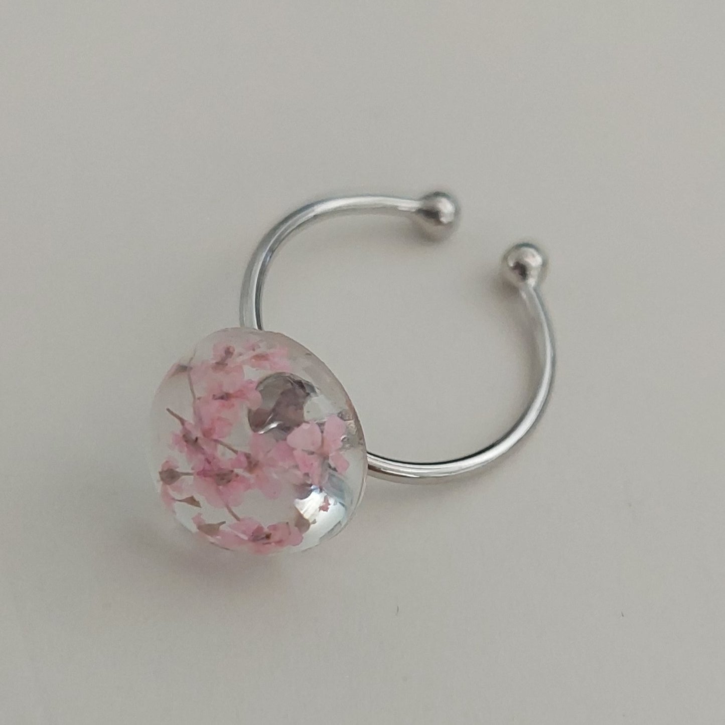 Silver color real pink flowers ring