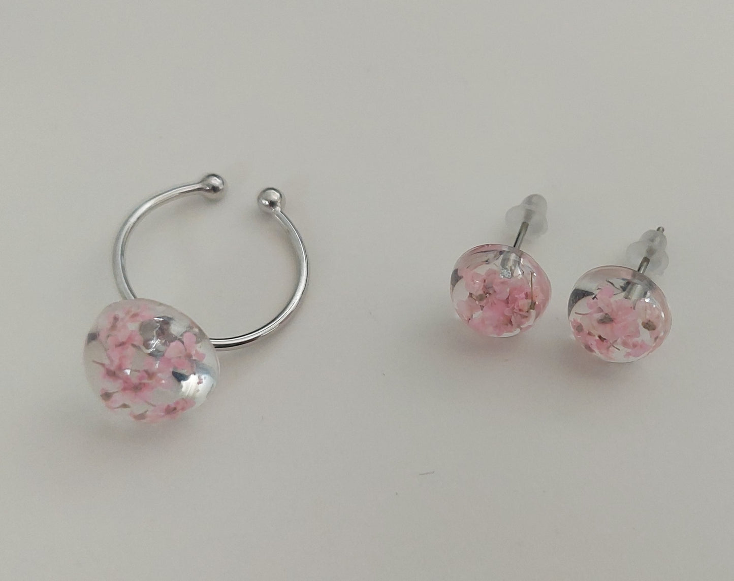 Silver color real pink flowers ring and earrings set