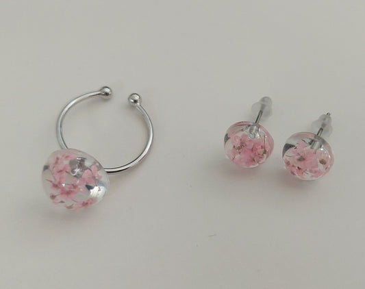 Silver color real pink flowers ring and earrings set