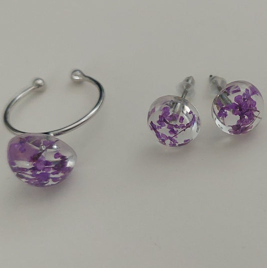 Silver color real purple flowers ring and earrings set