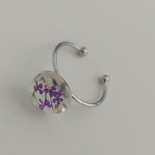 Silver color real purple and white flowers ring