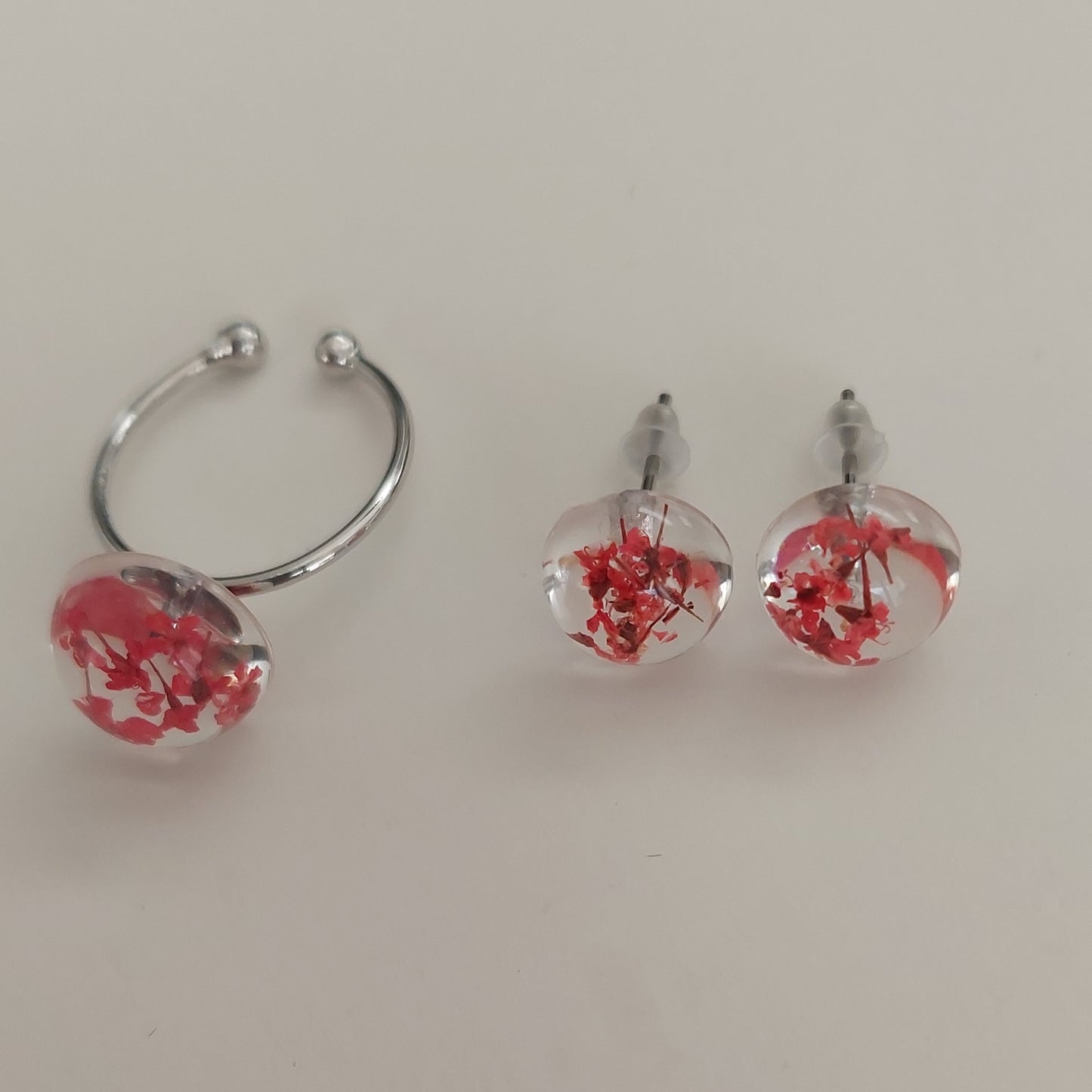 Silver color real red flowers ring and earrings set