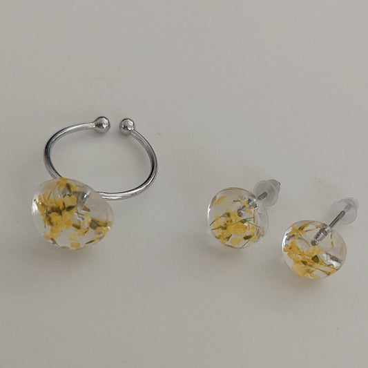 Silver color real yellow flowers ring and earrings set