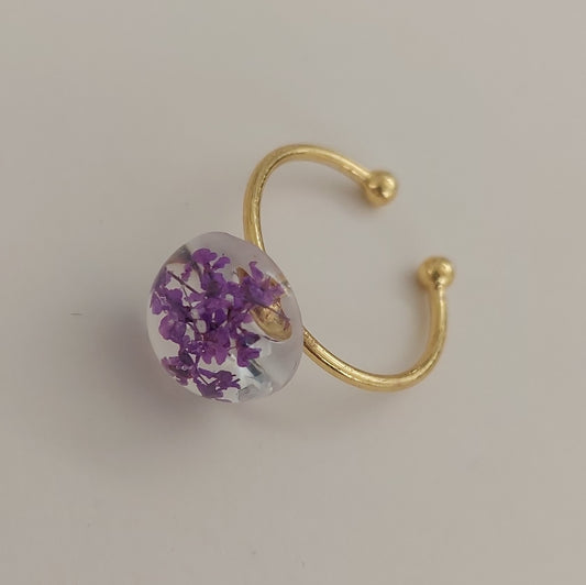 Gold color real purple flowers ring