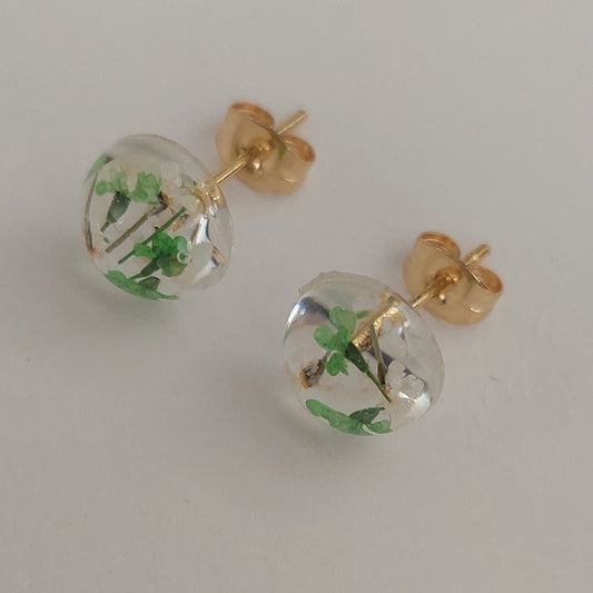 Gold color real green and white flowers earrings