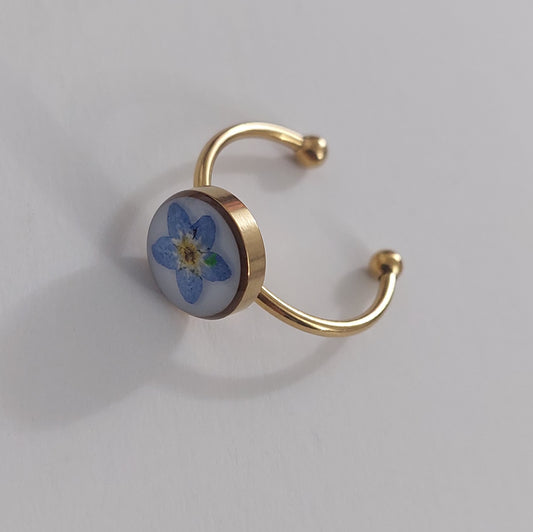 Gold color real forget me not flower ring