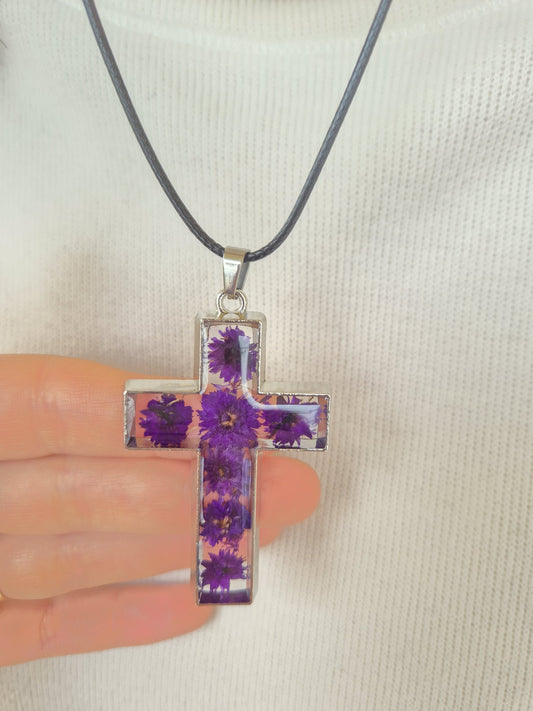 Real Dried Flowers Cross Pendant