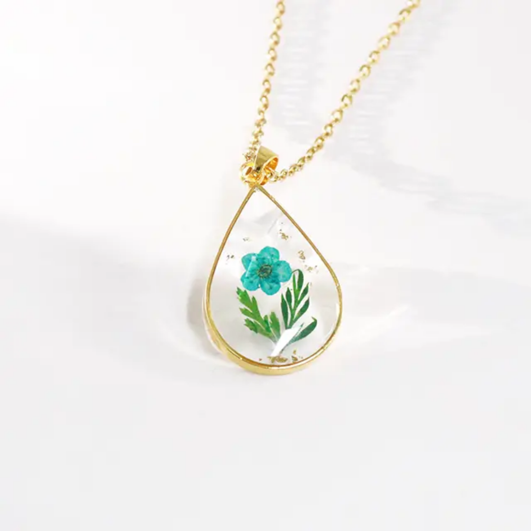 Real Blue daffodils and fern leaves necklace