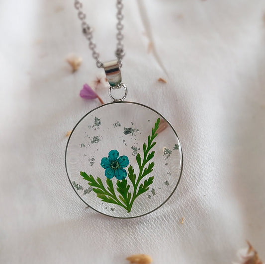 Real Blue daffodils and fern leaves necklace