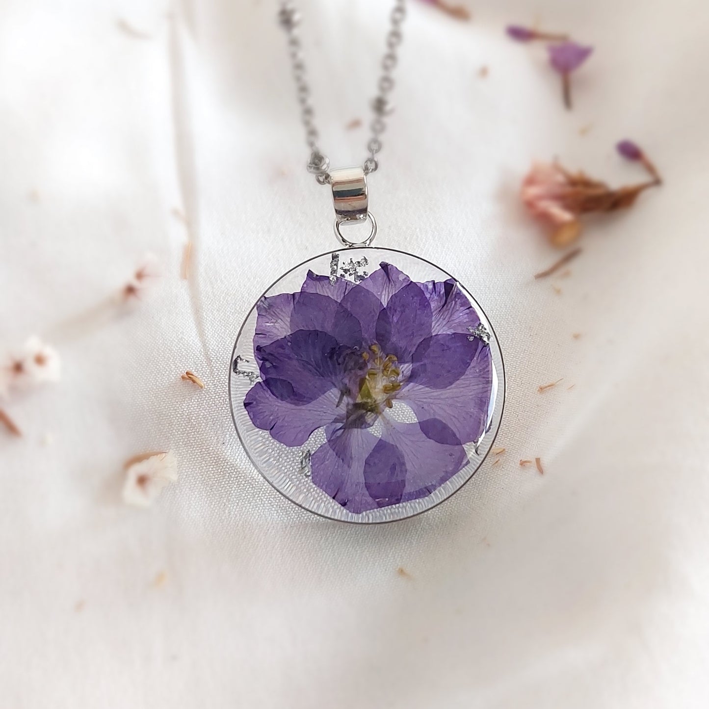 Real Larkspur / Delphinium flower necklace