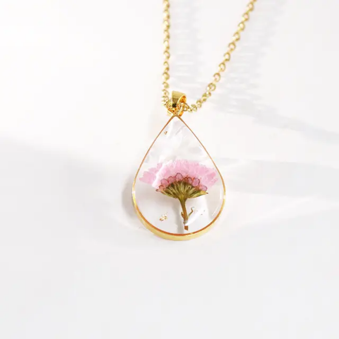Only available in stock in drop shape: Real pink chrysanthemum flower necklace