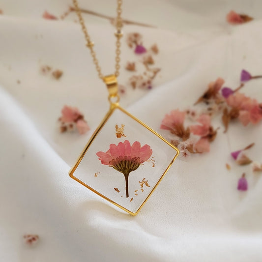 Only available in stock in round shape: Real pink chrysanthemum flower necklace